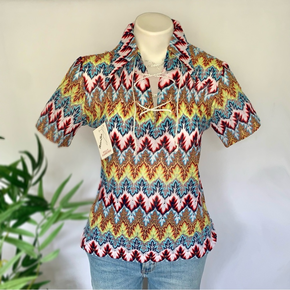 Deadstock 60s! Vintage Mod Dagger Collar Flame Crochet Knit Top - Picture 1 of 13